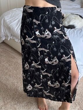 Black Patterned midi Women's Skirt with slit mermaids